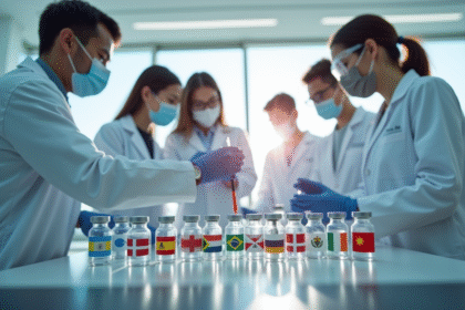 Groupe de scientifiques dans un laboratoire examinant des fioles de vaccins