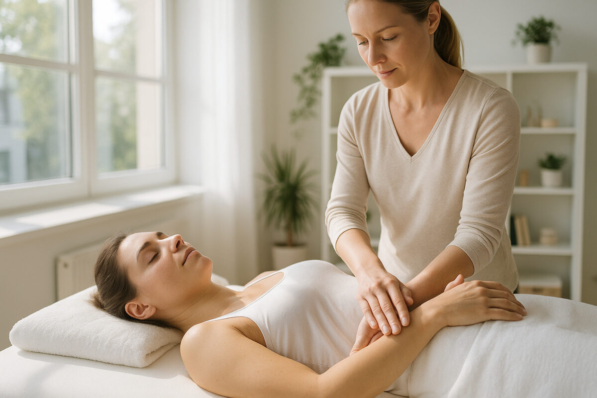 Femme détendue lors d'une séance de kinesitherapie dans une salle lumineuse