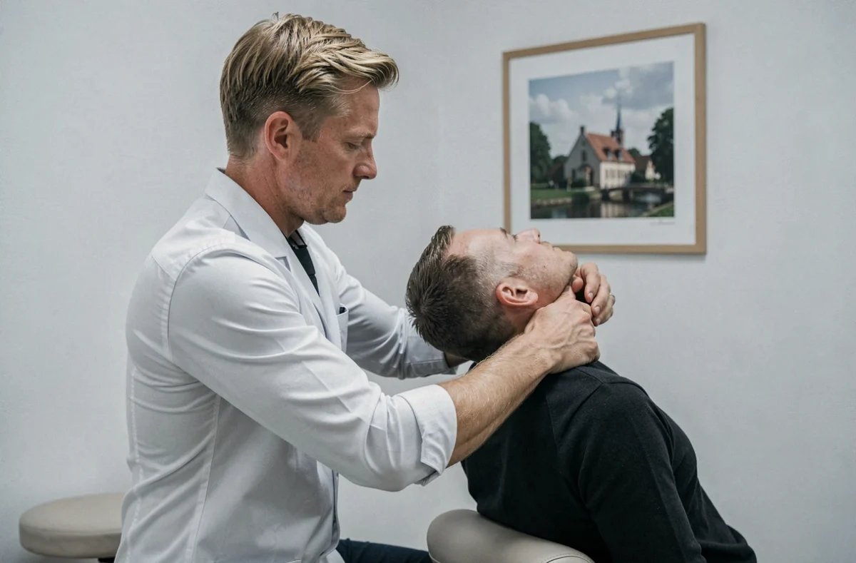 Sébastien Lebeau, ostéopathe à Rouen, réalisant une mobilisation de l'épaule d'un patient