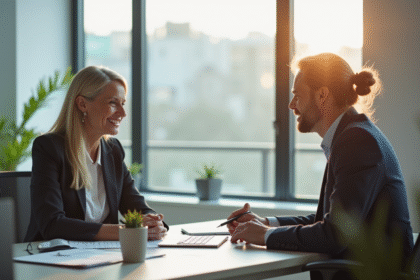 Femme senior souriante discutant avec un agent d'assurance dans un bureau lumineux