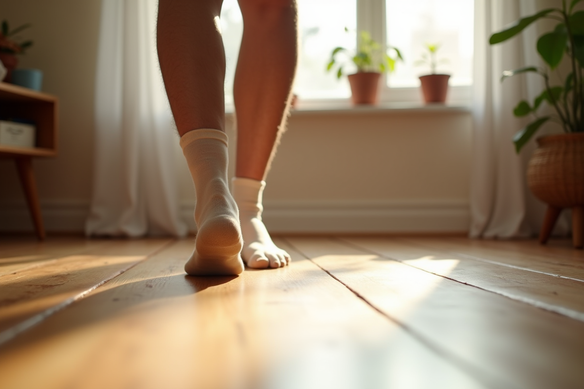Senior marchant prudemment en chaussettes confortables