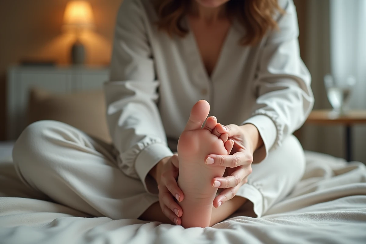 Femme ressentant une sensation de chaleur sur le dessus du pied, assise sur son lit et examinant son pied avec inquiétude