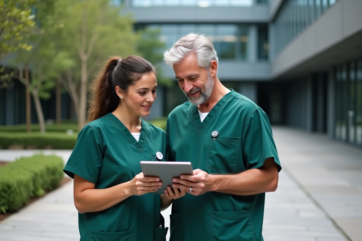 Deux soignants collaborant sur une tablette numérique dans la cour d'un établissement de santé