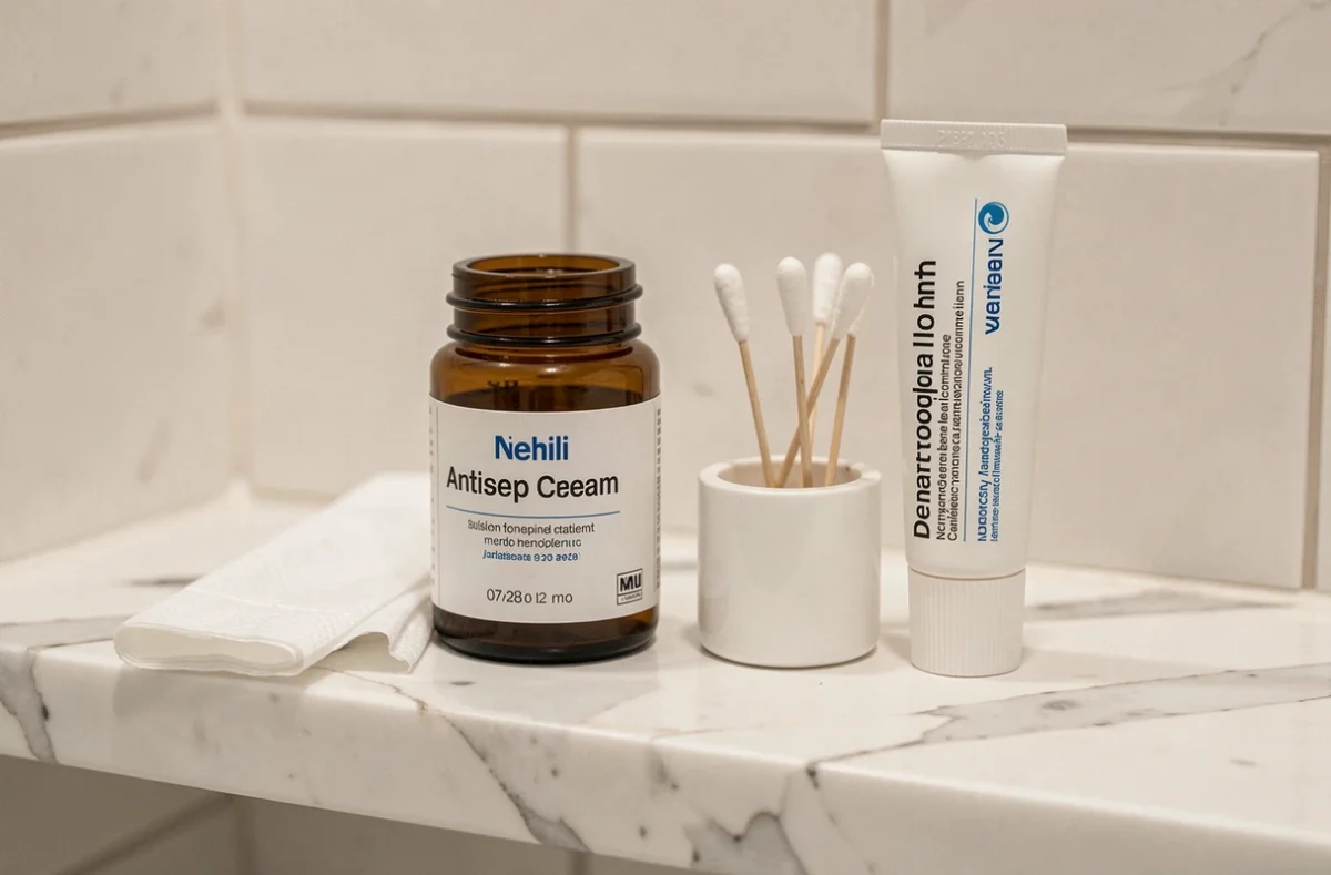 Produits de soins antiseptiques et pansements stériles pour le traitement quotidien d'une omphalite chronique chez l'adulte