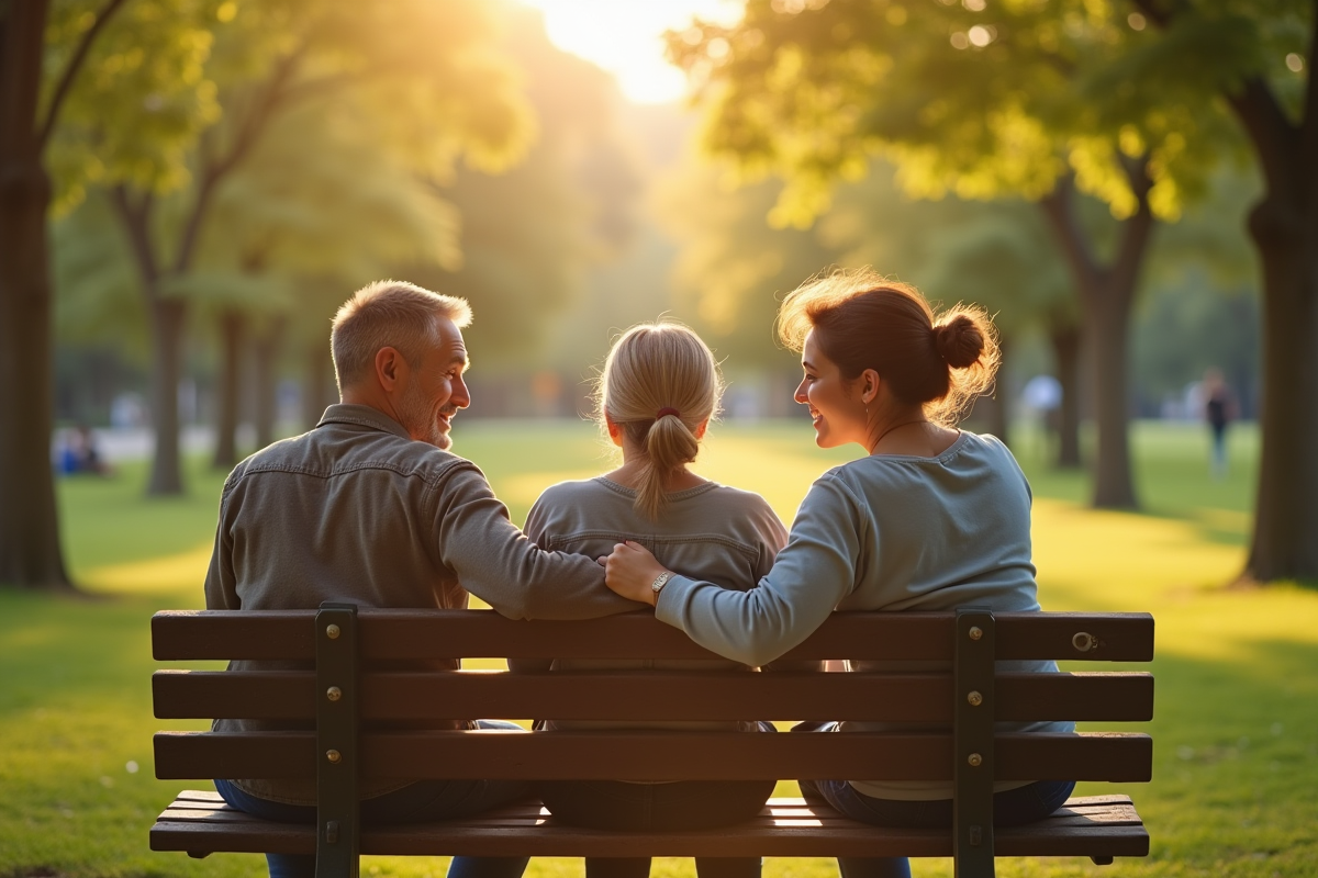 Trois personnes diverses discutent dans un parc ensoleille