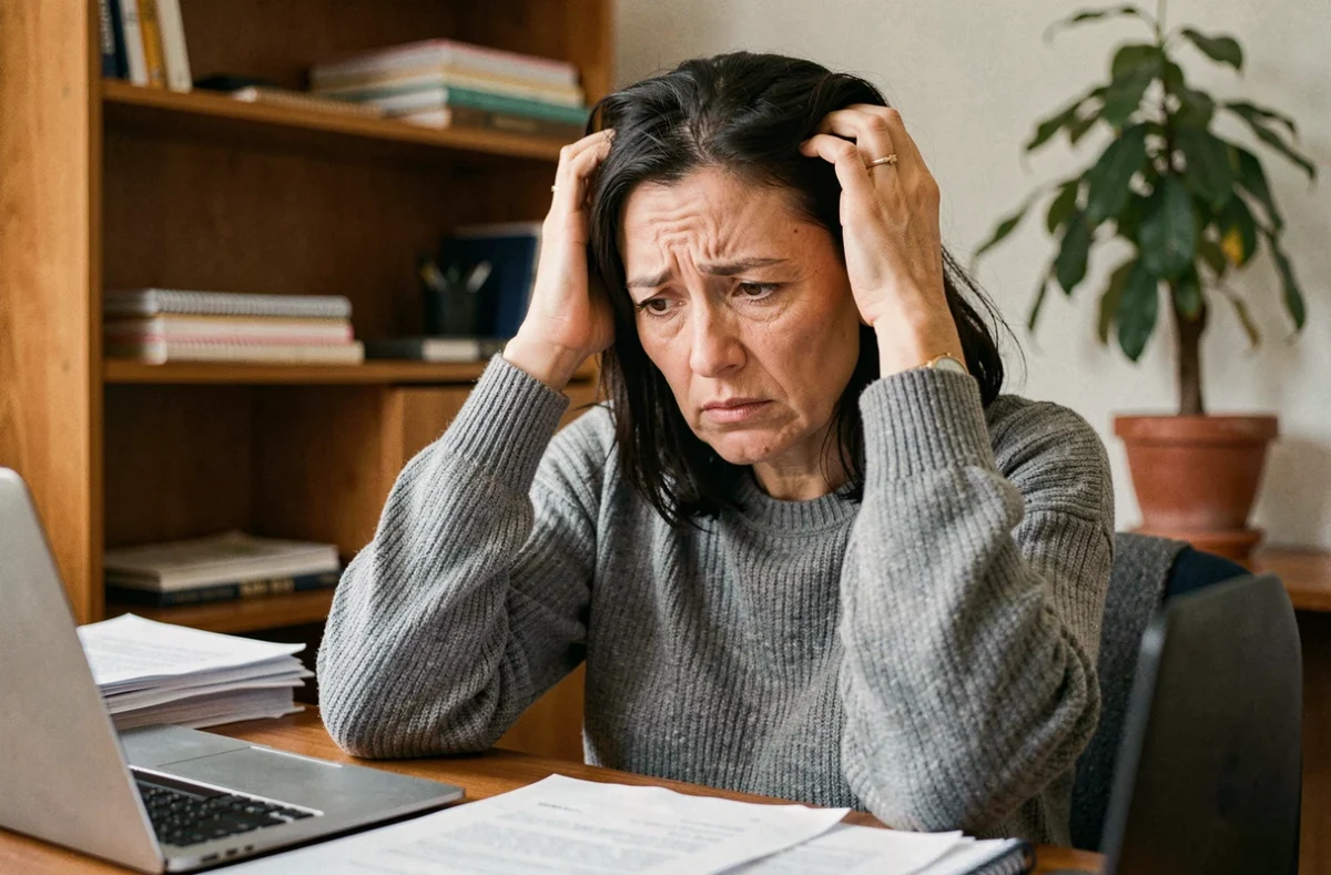 Femme stressée aux cheveux clairsemés se passant les mains dans les cheveux devant un bureau encombré, illustrant la chute de cheveux liée au stress