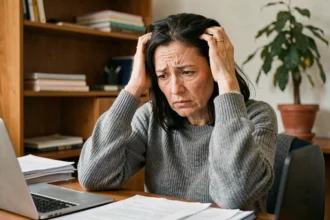 Femme stressée aux cheveux clairsemés se passant les mains dans les cheveux devant un bureau encombré, illustrant la chute de cheveux liée au stress