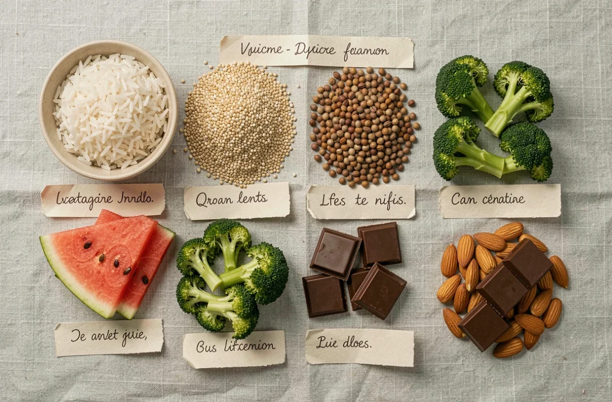 Tableau comparatif d'aliments végétariens classés par index glycémique avec étiquettes manuscrites sur fond lin gris