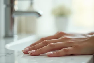 Gros plan sur des ongles naturels présentant des taches blanches et des stries, posés sur un marbre blanc