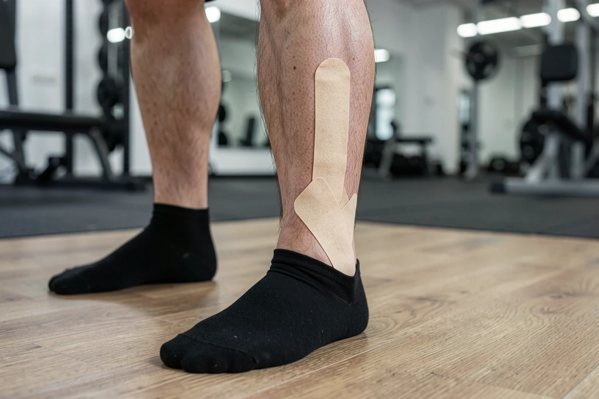 Gros plan sur les zones clés du mollet avec bandes de taping kinésiologique sur gastrocnémien et soléaire