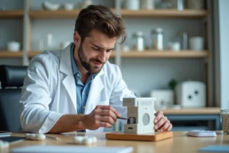 Jeune technicien dentaire en laboratoire en train d'assembler un appareil