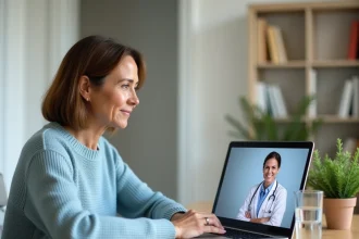 Femme effectuant une téléconsultation médicale depuis son bureau à domicile avec Plansante NoveoCare