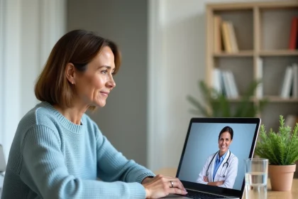 Femme effectuant une téléconsultation médicale depuis son bureau à domicile avec Plansante NoveoCare