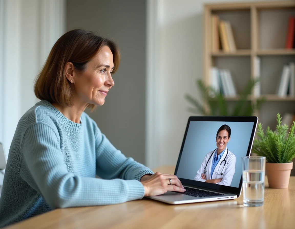 Femme effectuant une téléconsultation médicale depuis son bureau à domicile avec Plansante NoveoCare
