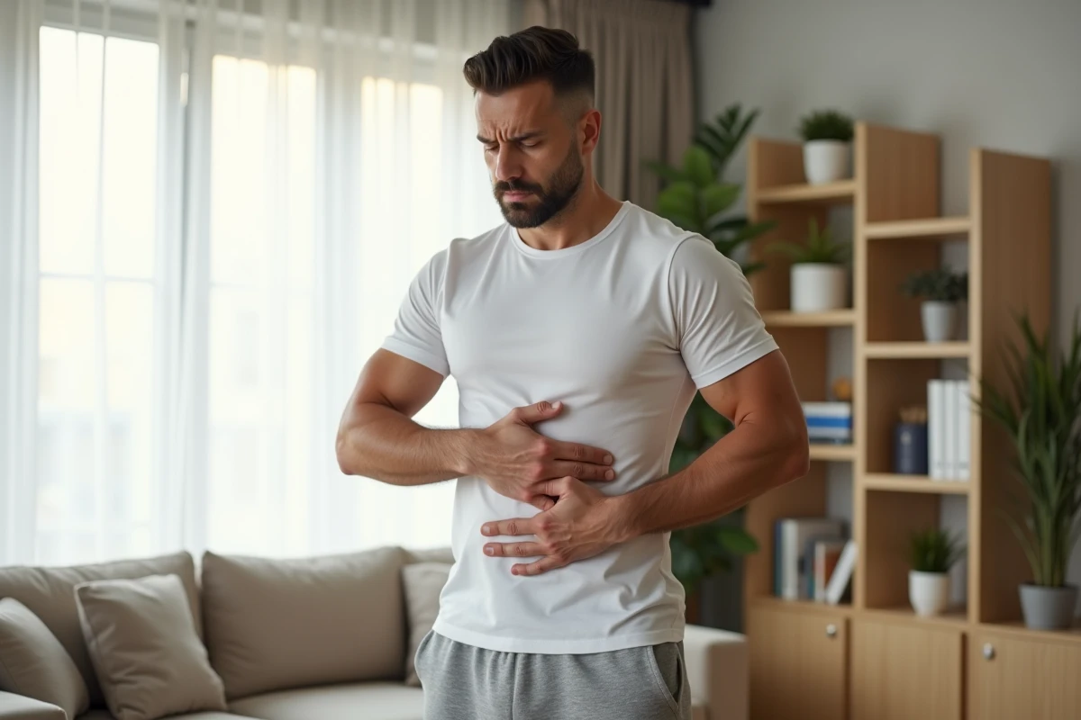 Homme debout chez lui tenant son côté droit douloureux, illustrant les tensions musculaires liées au stress