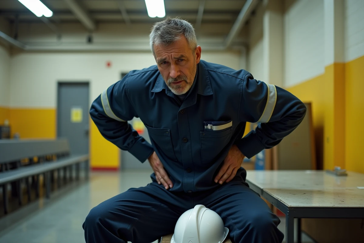 Ouvrier d'entrepôt souffrant d'une douleur au dos en milieu de travail industriel, illustrant une maladie professionnelle du dos tableau 57