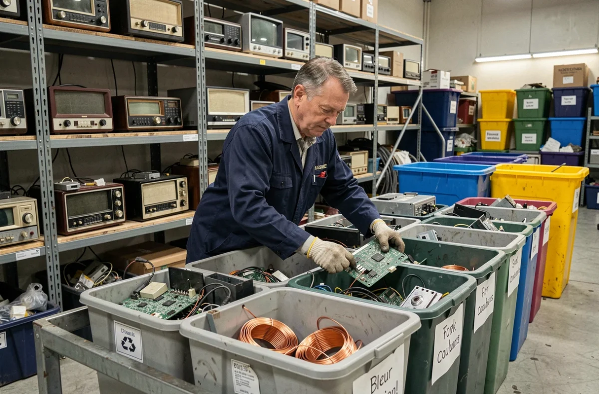 Technicien triant des composants de radios usagées dans un centre de recyclage électronique