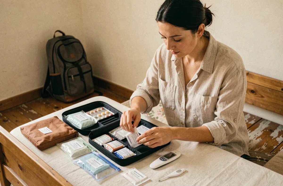 Femme organisant une trousse de santé voyage avec médicaments essentiels et accessoires médicaux sur un lit d'hôtel