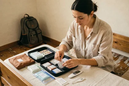 Femme organisant une trousse de santé voyage avec médicaments essentiels et accessoires médicaux sur un lit d'hôtel