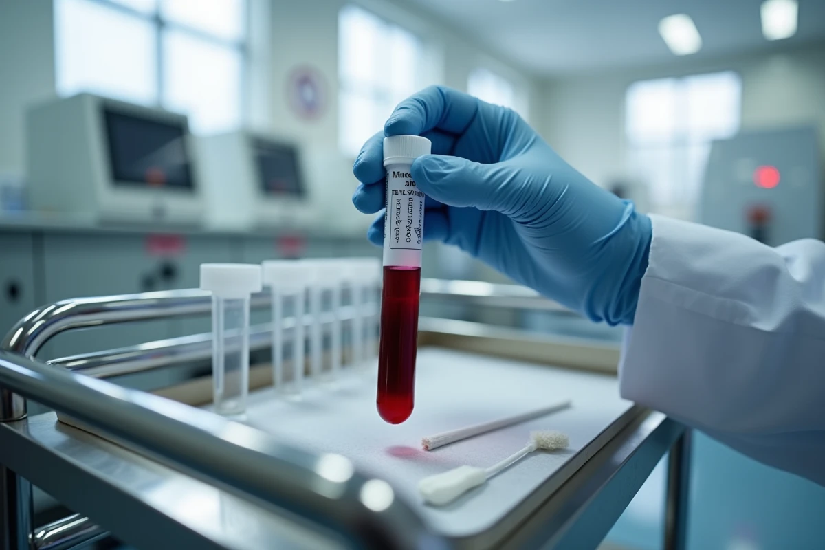 Tube de prélèvement sanguin LDH sur plateau médical en laboratoire d'analyses hospitalier
