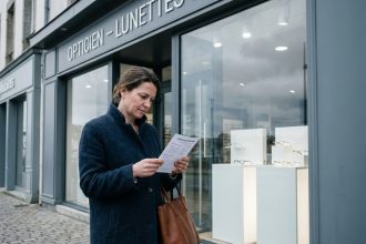 Femme consultant une liste de vérification devant une boutique d'optique à Brest avant d'entrer