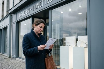 Femme consultant une liste de vérification devant une boutique d'optique à Brest avant d'entrer