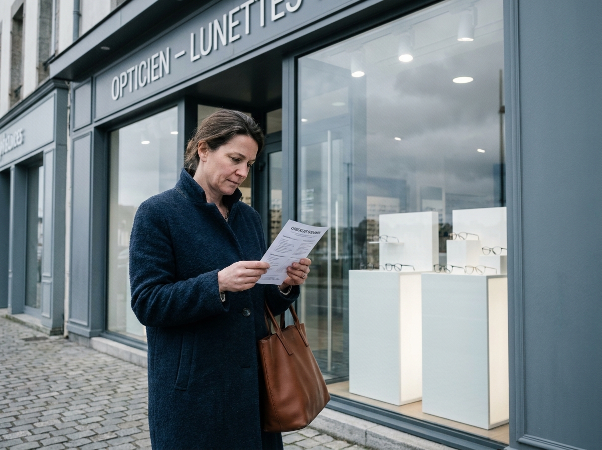 Femme consultant une liste de vérification devant une boutique d'optique à Brest avant d'entrer