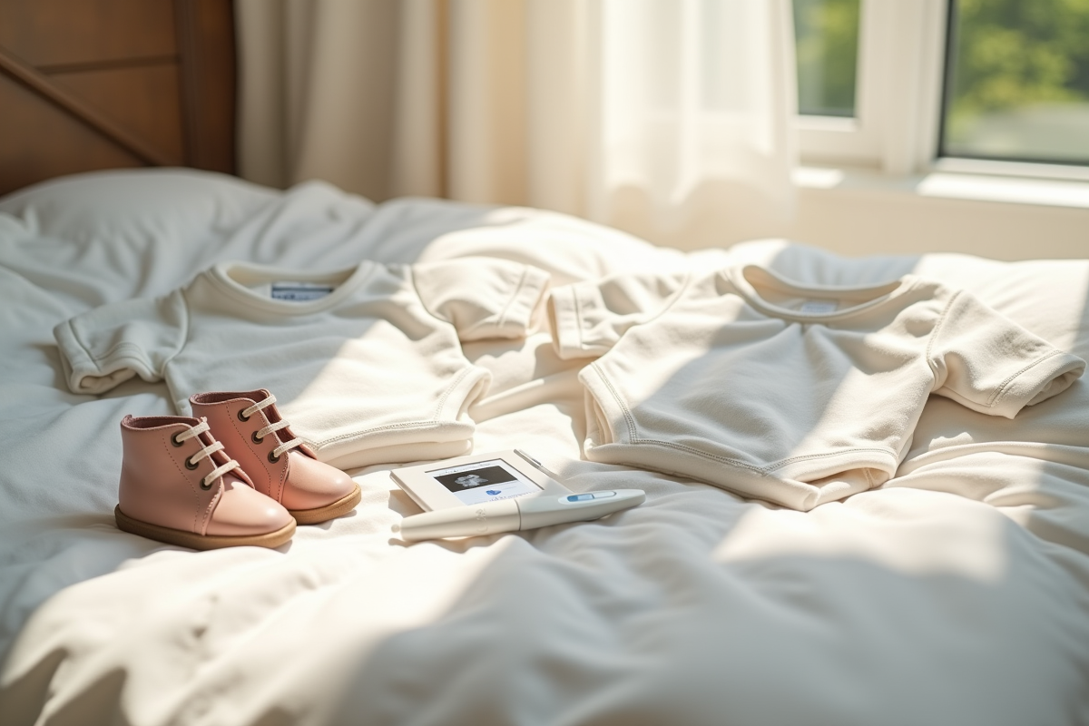 Body bébé et chaussures posés avec test de grossesse positif