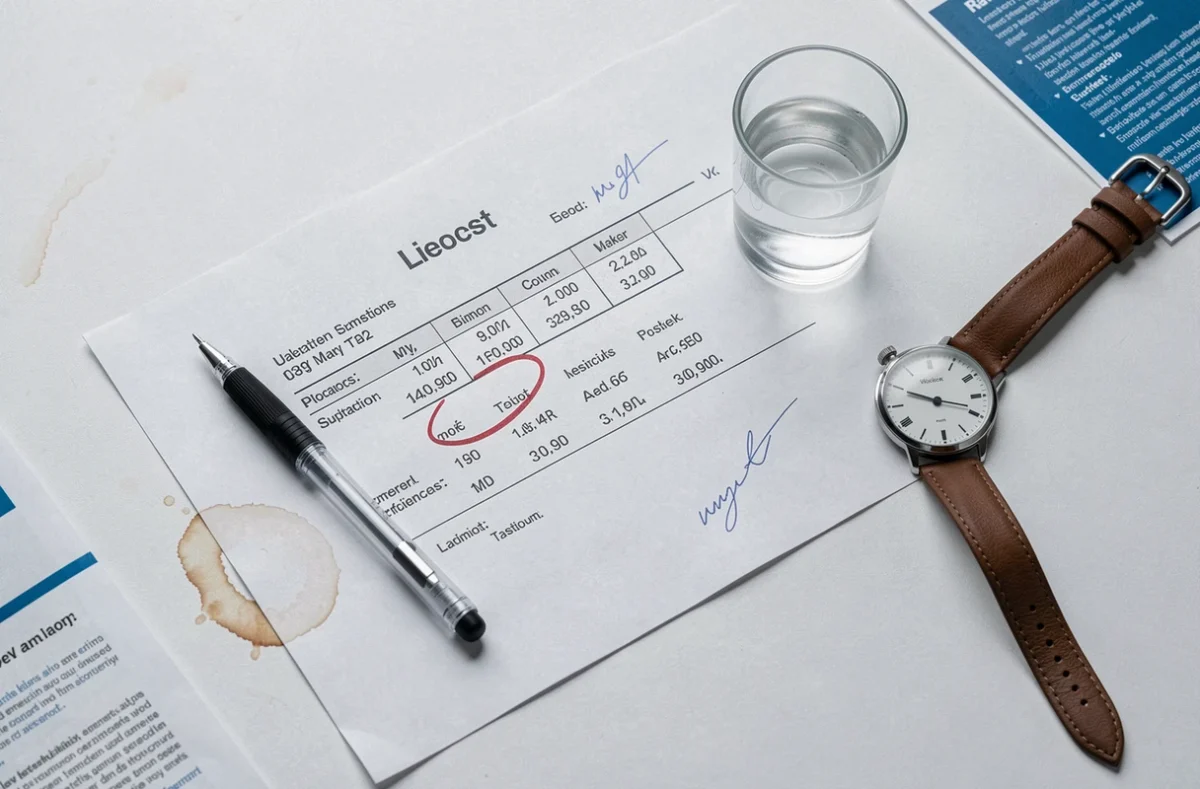 Vue de dessus d'une feuille d'analyse médicale avec des valeurs GGT entourées sur un bureau clinique